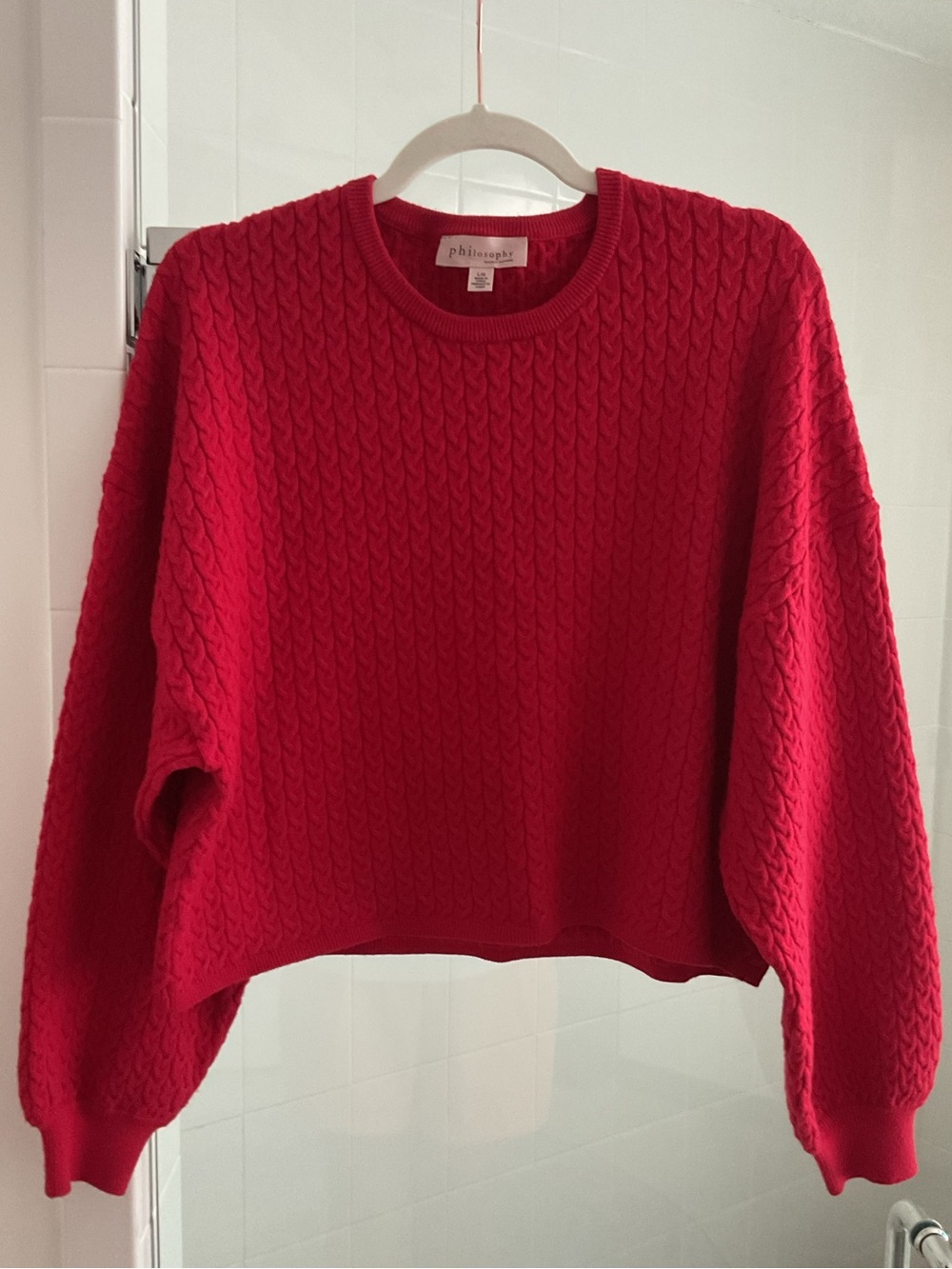 Philosophy Bright Red Cropped, Oversized Cable-Knit Crewneck Sweater Large(12-14